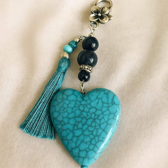 Turquoise Heart Charm Keychain with Tassel – Handmade Gift - Picture 2 of 2
